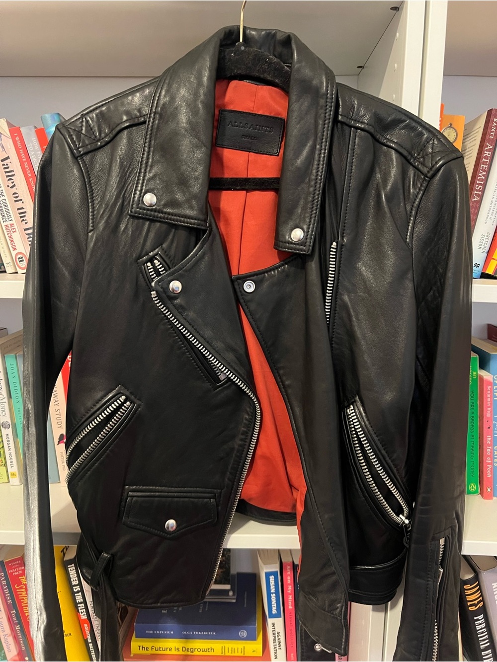 All Saints Black Leather Moto Jacket with Red Lining